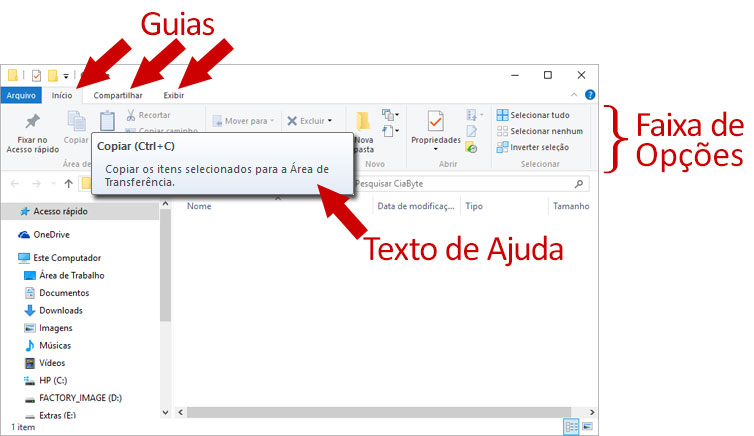 Faixa de Opções e Guias no Windows Explorer